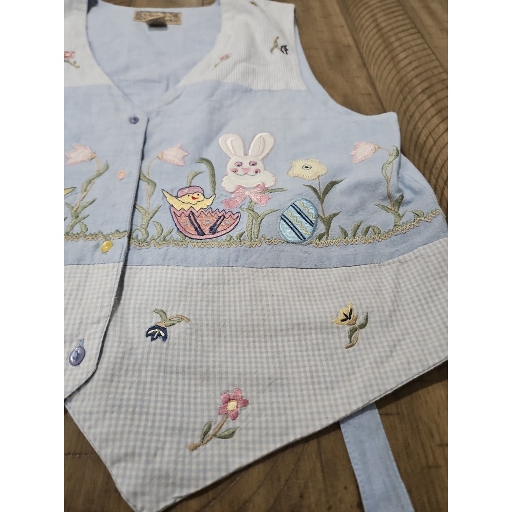 Vintage Tantrum Blues Vest Easter Floral Bunny Chick Cotton Cottage Grandmacore - Picture 9 of 13